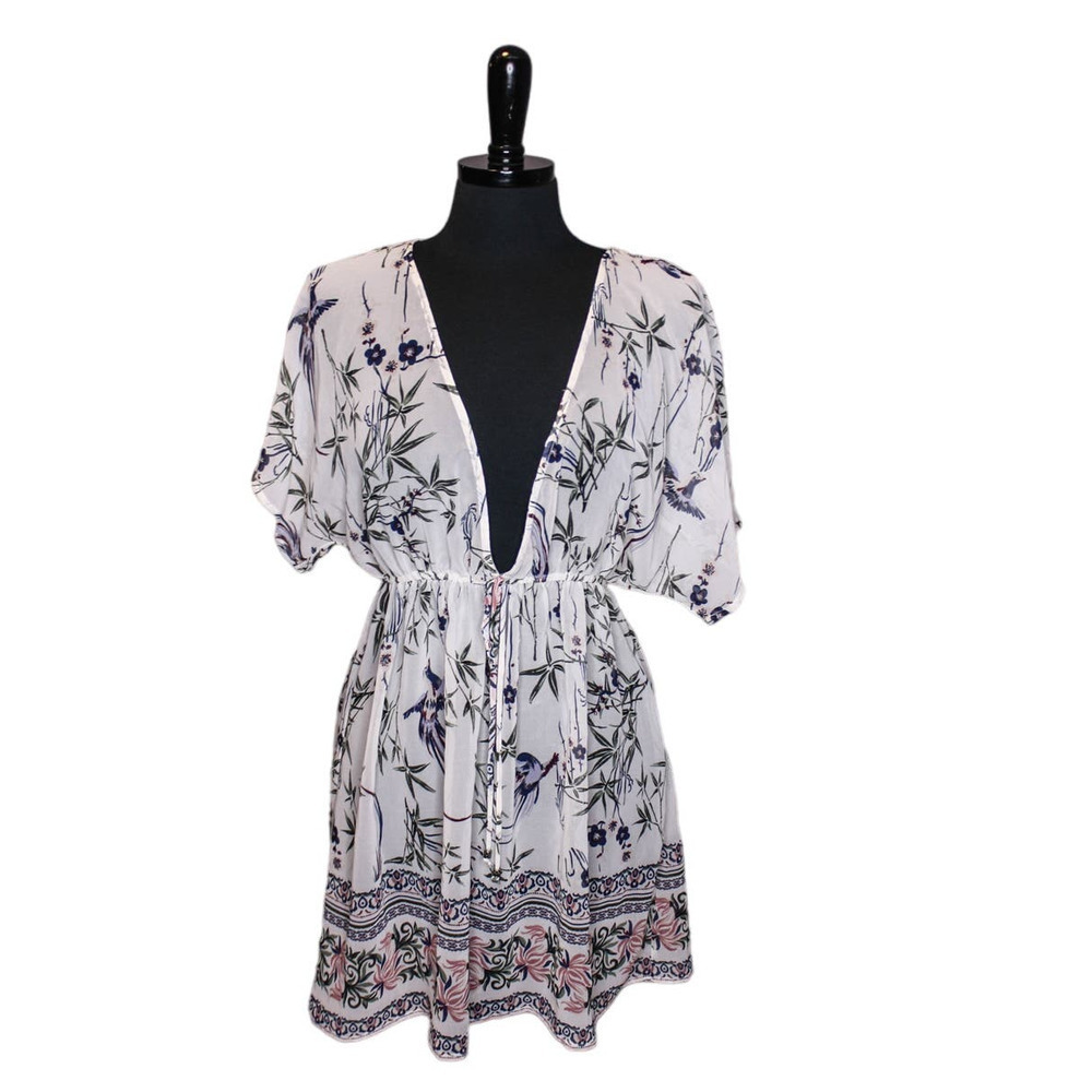Francesca's Swim Coverup Sheer Floral Birds Short Sleeve Deep V Neck L